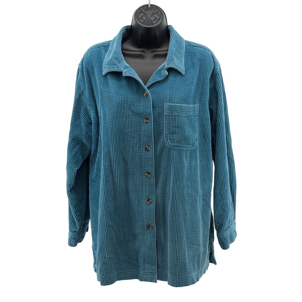 LL Bean Women's M Textured Cotton Corduroy Shirt Teal Button Front Casual - Picture 1 of 12